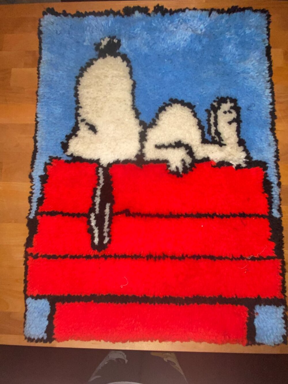 Vintage 70s Peanuts Snoopy on his Doghouse Latch Hook Rug, Finished